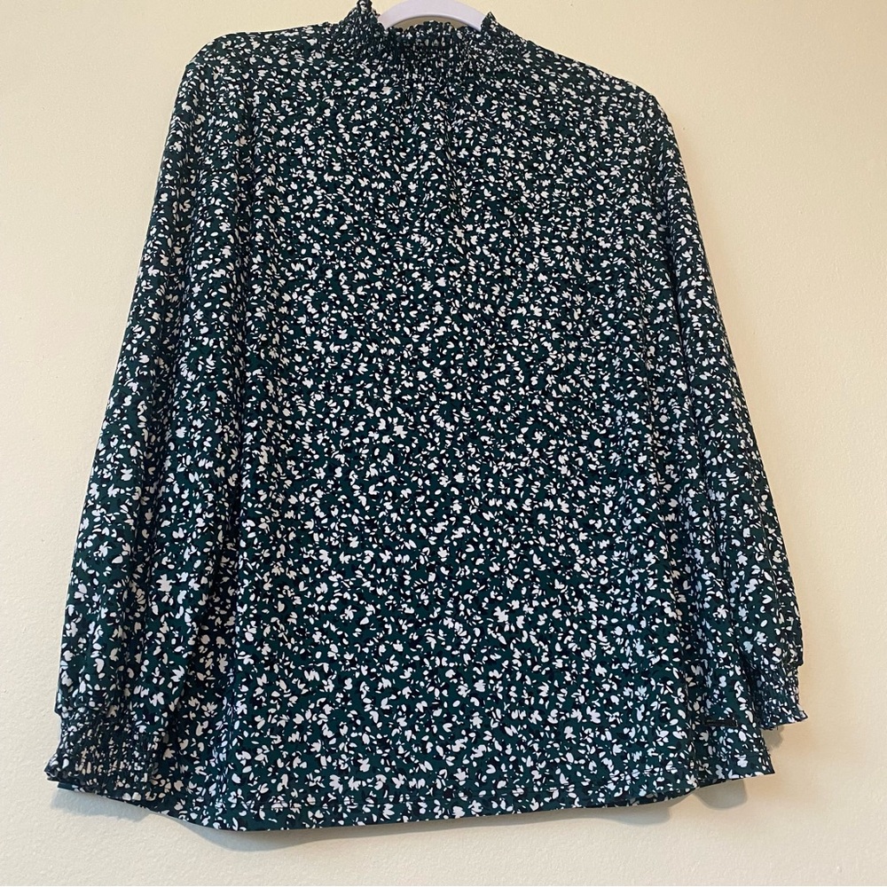 Anne Klein Dark Green Floral Smocked-Neck Blouse